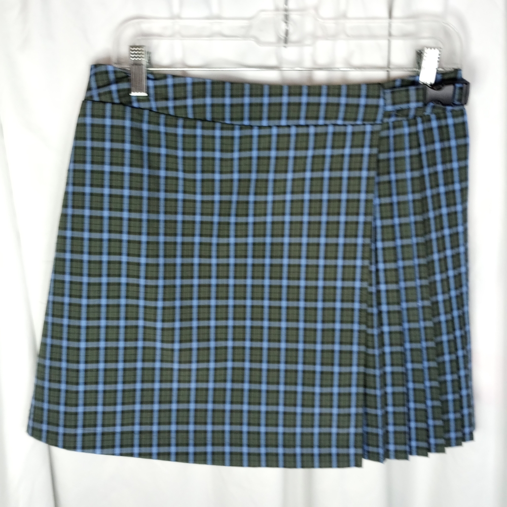 NWOT Preppy Wild Fable Blue Grey Pleated Wrap Mini Skirt Schoolgirl Scandi Plaid